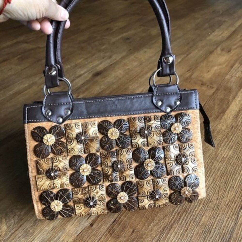 Vintage Wood Handbag Bark Chips Floral Design 80s 90s